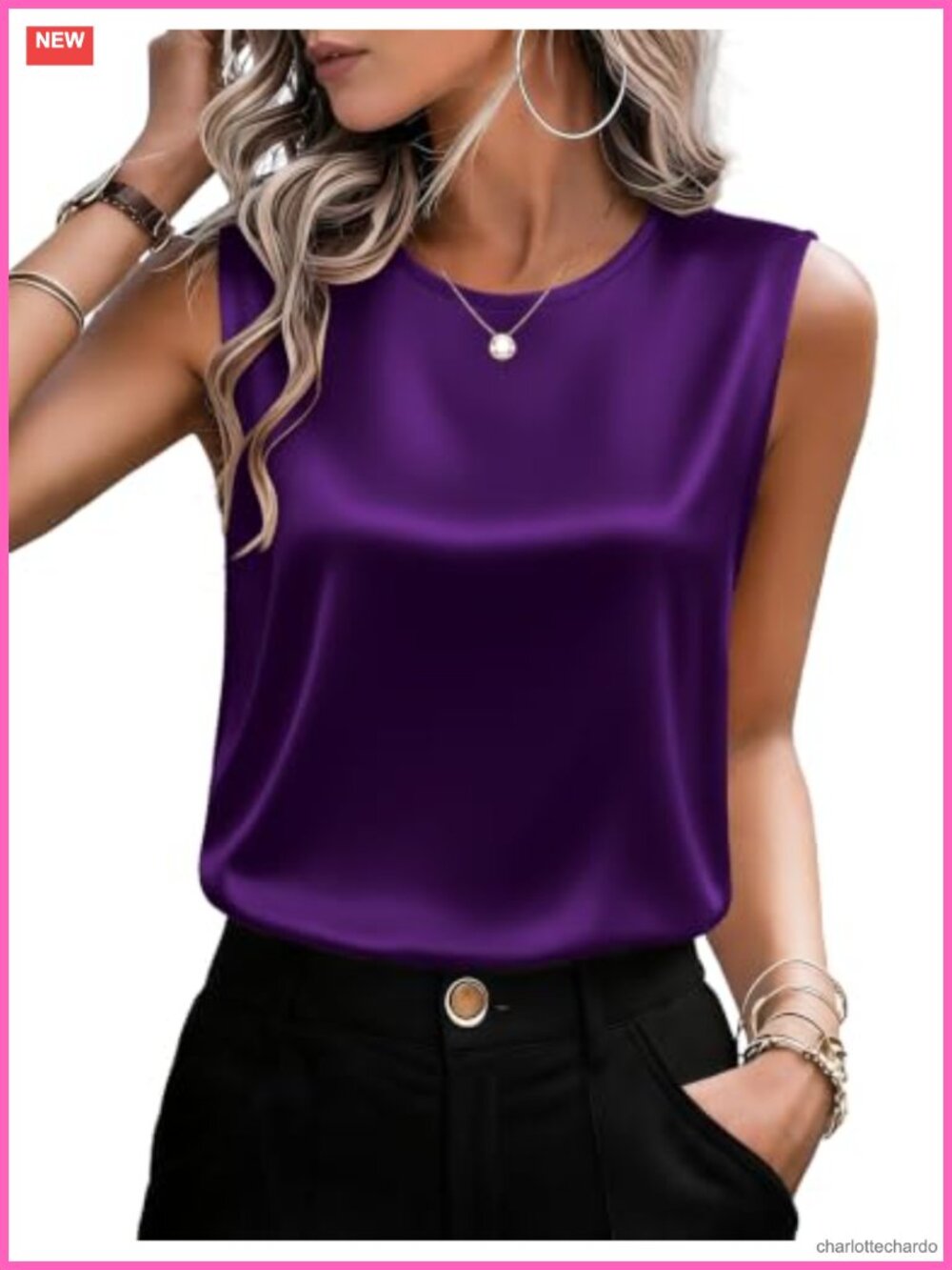 Satin Sleeveless Crew Neck Tank Top Flowy Blouse for Women Dressy Casual